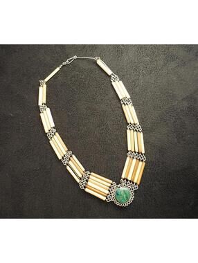Vintage Peruvian Bamboo & Chrysocolla Statement Necklace